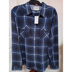 This Flag & Anthem plaid shirt features a distinctive blue and black plaid...